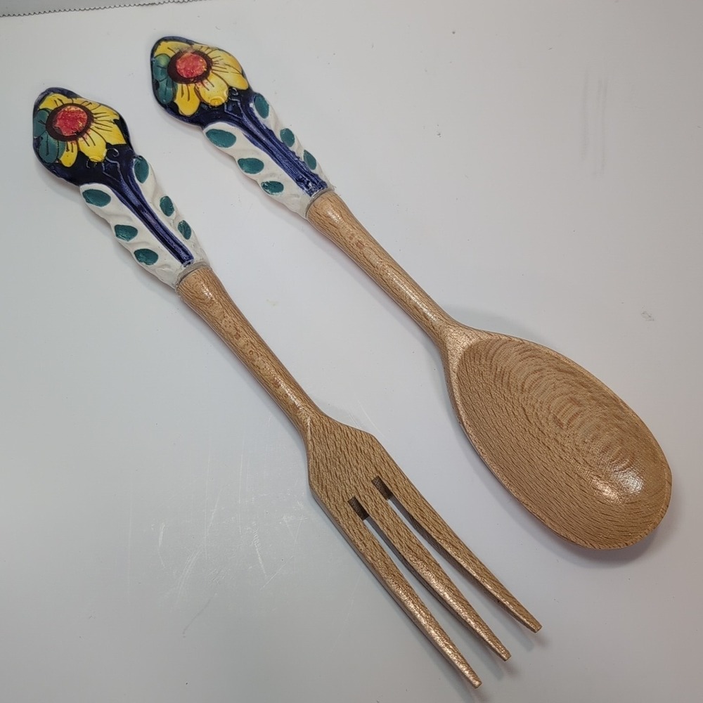 Assisi Serving Spoon & Form Wooden Ceramic HAndle Blue Sunflower Floral Folk Art